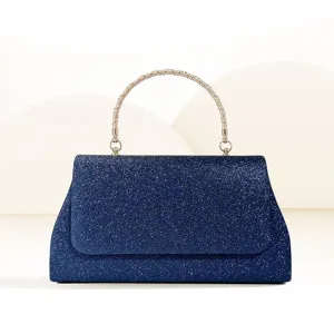 Elegante dunkelblaue Glitzer-Abendhandtasche mit dekorativem Metallgriff für Damenbankette.
