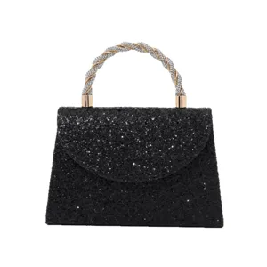 Women black glitter evening bag rhinestone twisted handle elegant crossbody shoulder handbag