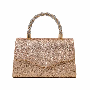Sparkly sequin evening bag with a rhinestone twisted handle, elegant clutch for party.