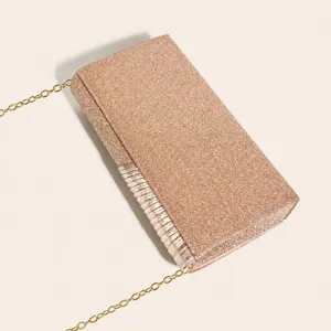 Elegant glitter evening clutch bag with pleated detail and gold chain strap for women party.