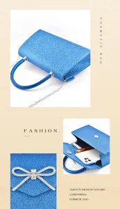 Blue glitter evening bag detail showing rhinestone bow, top handle, and chain strap capacity.