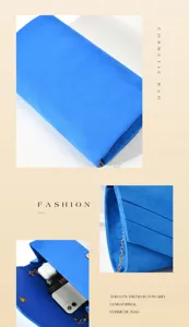 Elegant blue velvet evening clutch bag with chain strap and stylish cosmetic bag design for women.