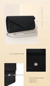 Detail view showing black glitter evening bag texture, snap button and metal chain strap.