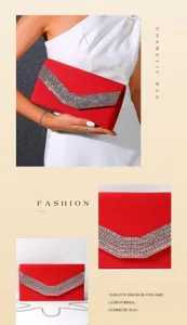 Red velvet evening clutch bag with sparkling rhinestone chevron design and chain strap.