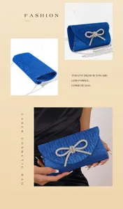 Blaue glitzernde Abendtasche Clutch mit Strass Schleife und Kette fuer Damen Partys.