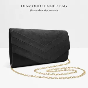 Black velvet evening clutch bag with chic chevron design and gold chain strap for women.