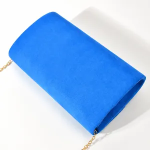 Blue velvet evening bag with gold chain strap, stylish chic clutch for women and party.