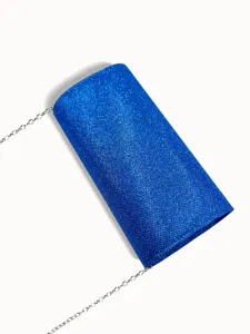 Blue glitter evening clutch bag detail showcasing sparkling fabric and silver chain strap.