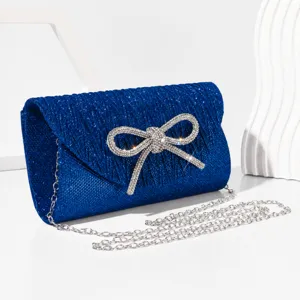 Elegante blaue Glitzer Abendtasche mit Strass Schleife, Luxus Party Kette Clutch Handtasche.