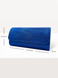 Blue glitter evening clutch bag for women, elegant party wedding handbag with dimensions.