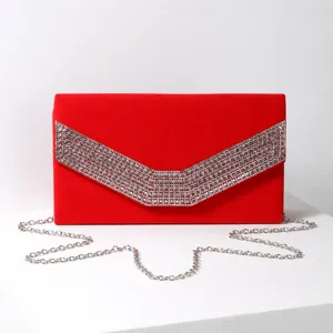 Red velvet clutch bag with rhinestone V-shaped flap and silver chain strap for women evening party