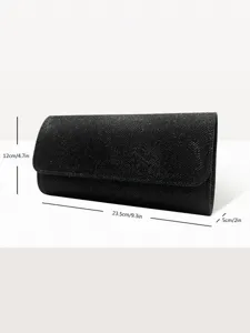 Black glitter evening clutch bag detail view showing precise dimensions and flap design.