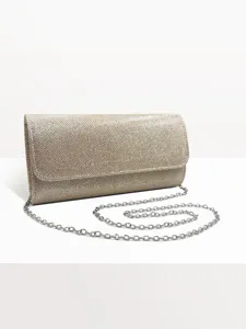 Elegant shimmering gold evening clutch bag with silver chain strap for women wedding party dress