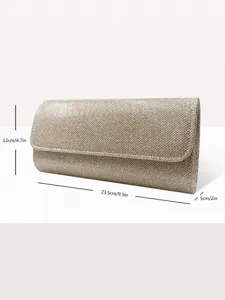Sparkly glitter evening clutch bag detail showing dimensions and elegant flap design closure.