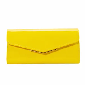 Women patent leather envelope clutch bag, stylish bright yellow evening party handbag.