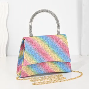 Chic sac de soirée strass arc-en-ciel pour femme, élégant sac à main brillant avec chaîne.