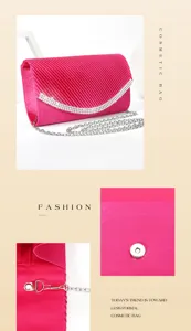 Pink rhinestone evening clutch bag detail, showing pleated satin texture and chain strap.