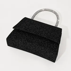 Sac de soirée noir en strass, poignée en cristal scintillant, pochette élégante pour femme.