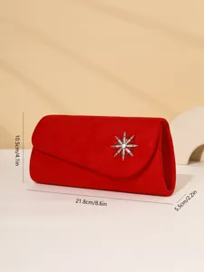 Elegant red suede evening clutch bag with sparkling crystal star decoration for women parties.