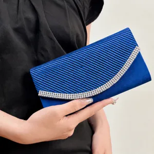Blue satin rhinestone evening clutch bag for women, elegant diamond party prom handbag.