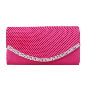 Rose red satin pleated evening clutch bag with sparkling rhinestone flap for women parties.