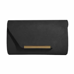 Black evening clutch bag for women, elegant envelope handbag with gold metal bar accent.