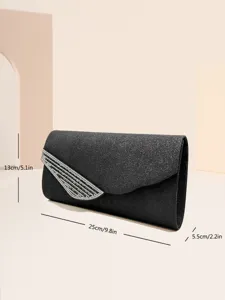Borsa da sera nera glitterata con dettaglio di ali in strass, elegante borsa da festa.