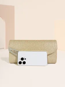 Elegante pochette da sera dorata glitterata con fibbia di strass per feste e matrimoni.