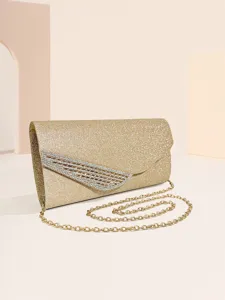 Elegante borsa da sera a tracolla dorata glitterata con strass e catena brillante.