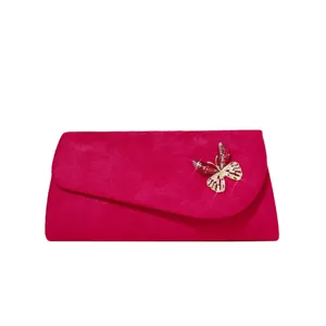 Red velvet evening clutch bag with crystal butterfly brooch for women elegant party purse