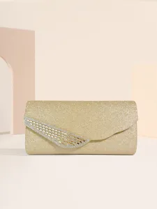 Borsa da sera glitter dorata con elegante dettaglio in strass ondulato per banchetto.