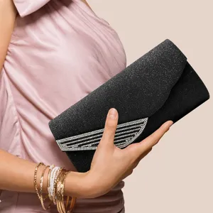Elegante borsa da sera nera glitterata con strass brillanti per festa matrimonio ballo.