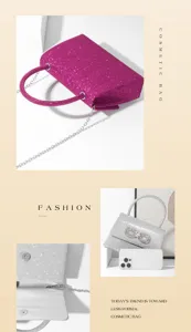 Sparkling glitter mini cosmetic bag with chain strap and elegant rhinestone bow detail.