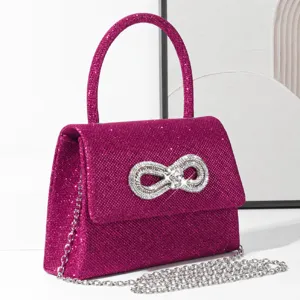 Sparkly pink rhinestone bow mini evening handbag, elegant women's sparkly crossbody bag.