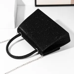 Black glitter evening handbag with chain strap, stylish mini dinner purse for women and girls.