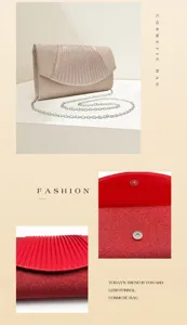 Pleated glitter evening clutch bag detail showing metal chain strap and magnetic snap closure.