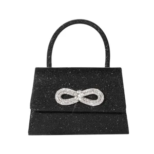 Black glitter mini handbag with dazzling crystal bow knot, elegant evening party bag.