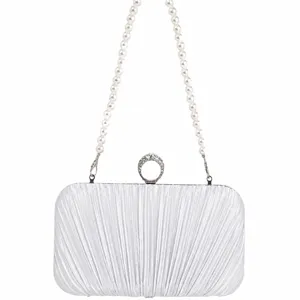 Elegant silver pleated evening clutch bag with pearl chain strap and rhinestone ring clasp.