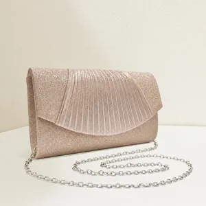 Glitter pleated flap dinner clutch bag with chain strap for women evening party events.