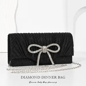 Black glitter evening clutch bag with rhinestone bow and chain strap for women main view
