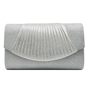 Silver glitter evening clutch bag for women with elegant pleated flap design for parties.