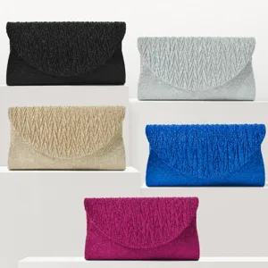 Women's Evening Bag Pleated Mini Clutch Sparkling Shimmer Envelope Purse Elegant Chain Shoulder Bag For Banquet Party