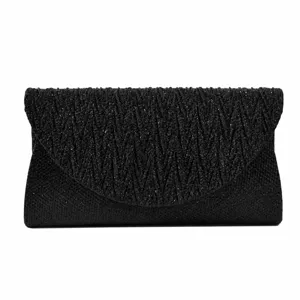 Elegant black glitter evening clutch bag for women, stylish pleated design for parties and events.
