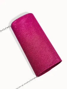 Magenta glitter evening clutch bag with silver chain for women wedding party dress.