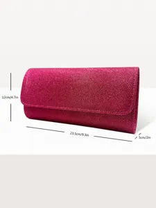 Detailed view of pink glitter evening clutch bag, showing precise dimensions and fine texture.