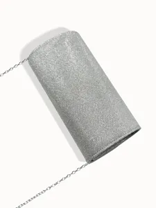 Silver glitter evening clutch bag with chain strap, elegant wedding party handbag detail.