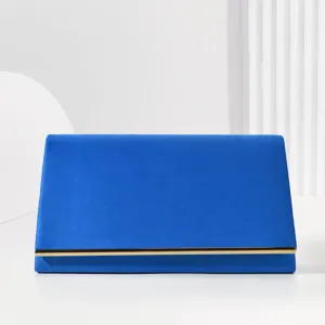 Blue velvet evening clutch bag for women, elegant metallic bar design for banquet and party.