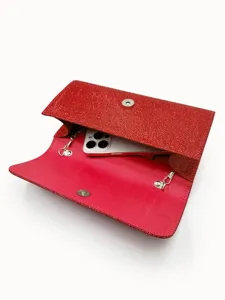 Red glitter evening clutch bag for women, elegant wedding party handbag with chain strap.
