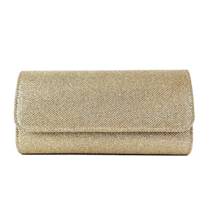 Detail close-up of gold glitter evening clutch bag showing sparkling texture and flap style.