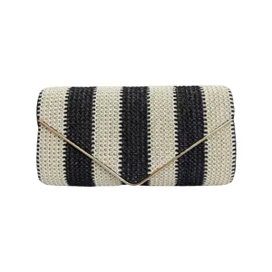 Black and white straw woven envelope clutch bag, stylish metal trim evening handbag.
